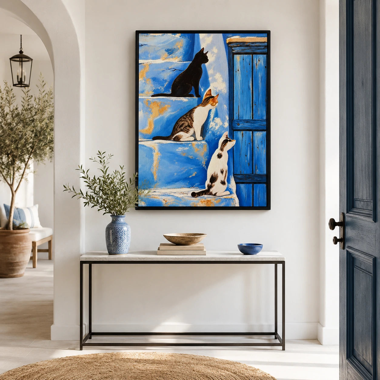 Three Cats on Blue Wall Art - Mediterranean Style Print