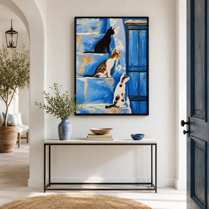 Three Cats on Blue Wall Art - Mediterranean Style Print