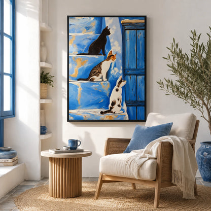 Three Cats on Blue Wall Art - Mediterranean Style Print