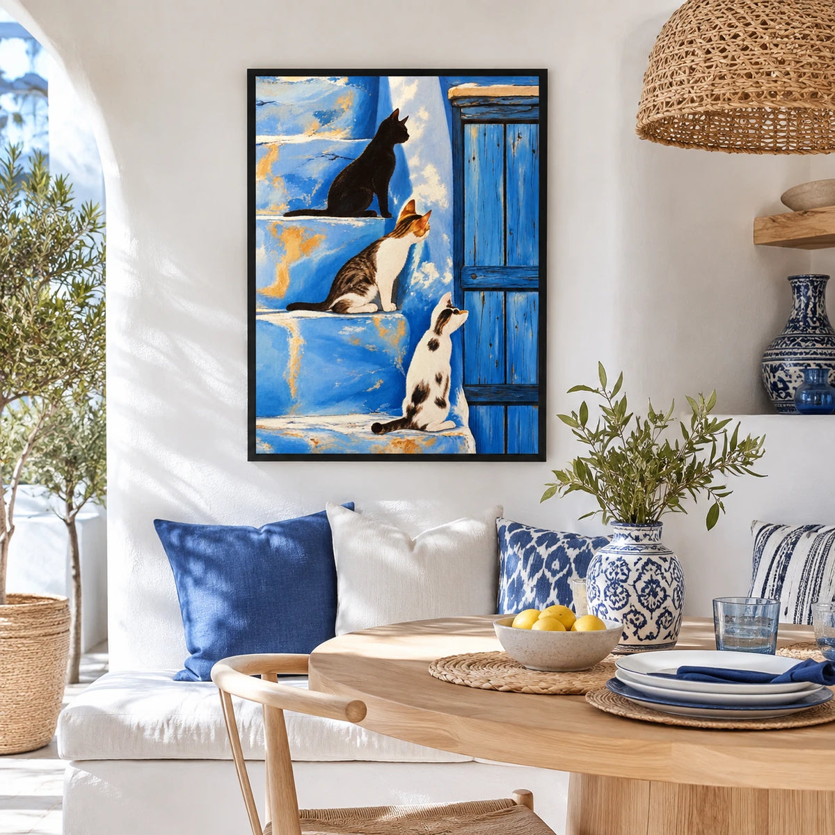 Three Cats on Blue Wall Art - Mediterranean Style Print