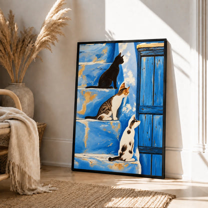 Three Cats on Blue Wall Art - Mediterranean Style Print