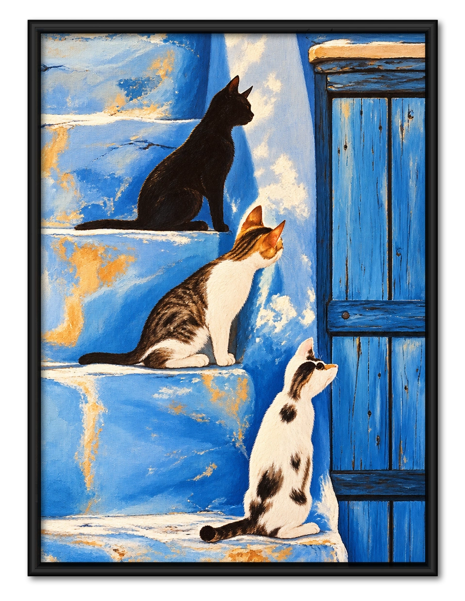 Three Cats on Blue Wall Art - Mediterranean Style Print