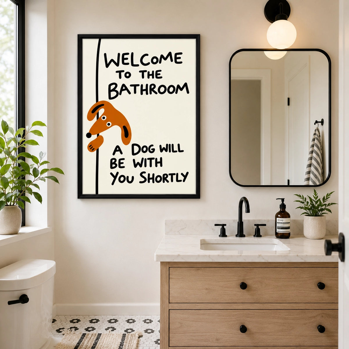 “Welcome to the Bathroom” Funny Dog – Humorous Bathroom Wall Art on Natural Wood Canvas