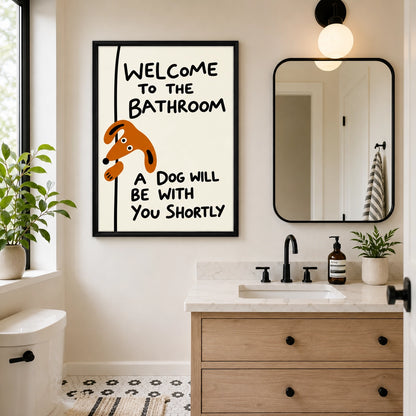 “Welcome to the Bathroom” Funny Dog – Humorous Bathroom Wall Art on Natural Wood Canvas