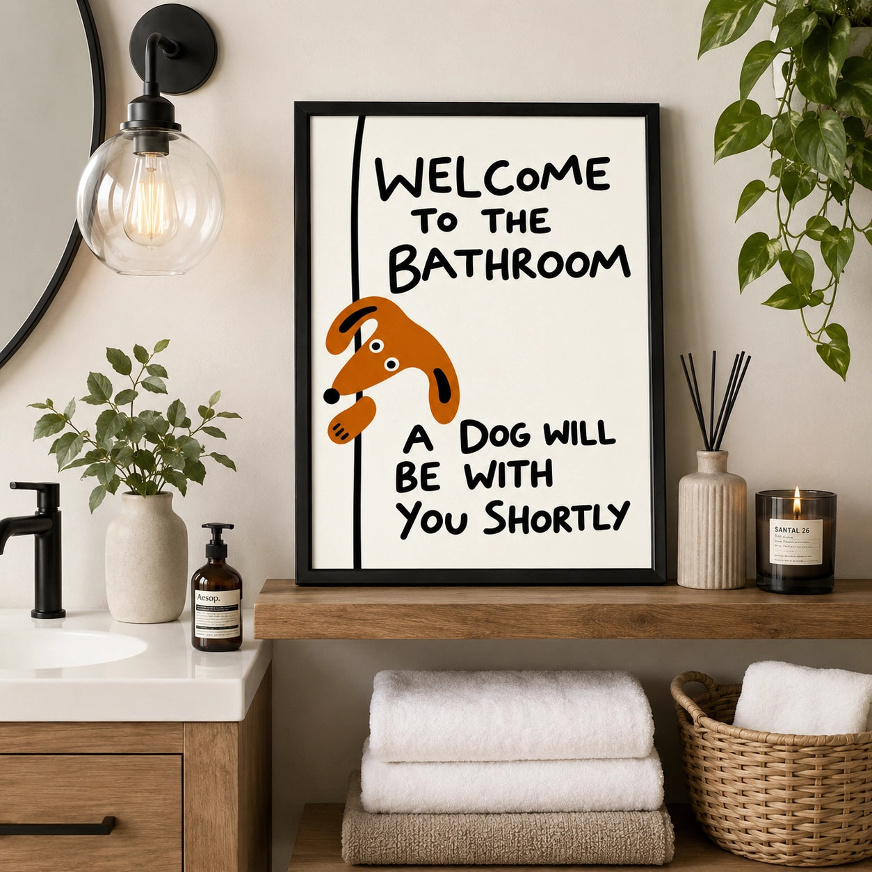 “Welcome to the Bathroom” Funny Dog – Humorous Bathroom Wall Art on Natural Wood Canvas