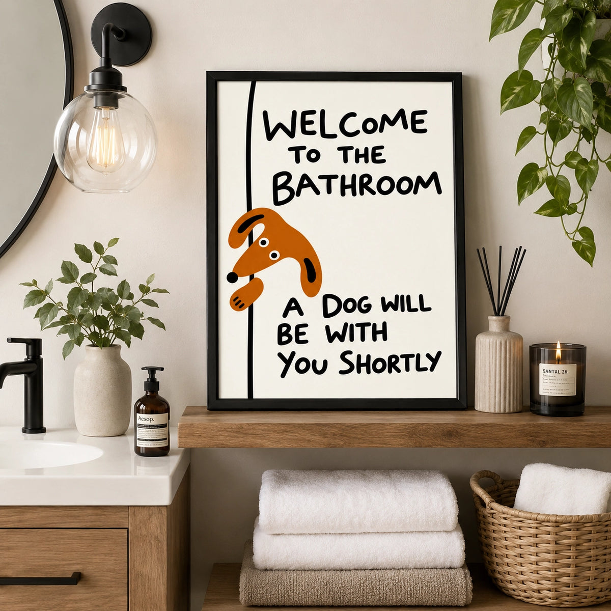 “Welcome to the Bathroom” Funny Dog – Humorous Bathroom Wall Art on Natural Wood Canvas