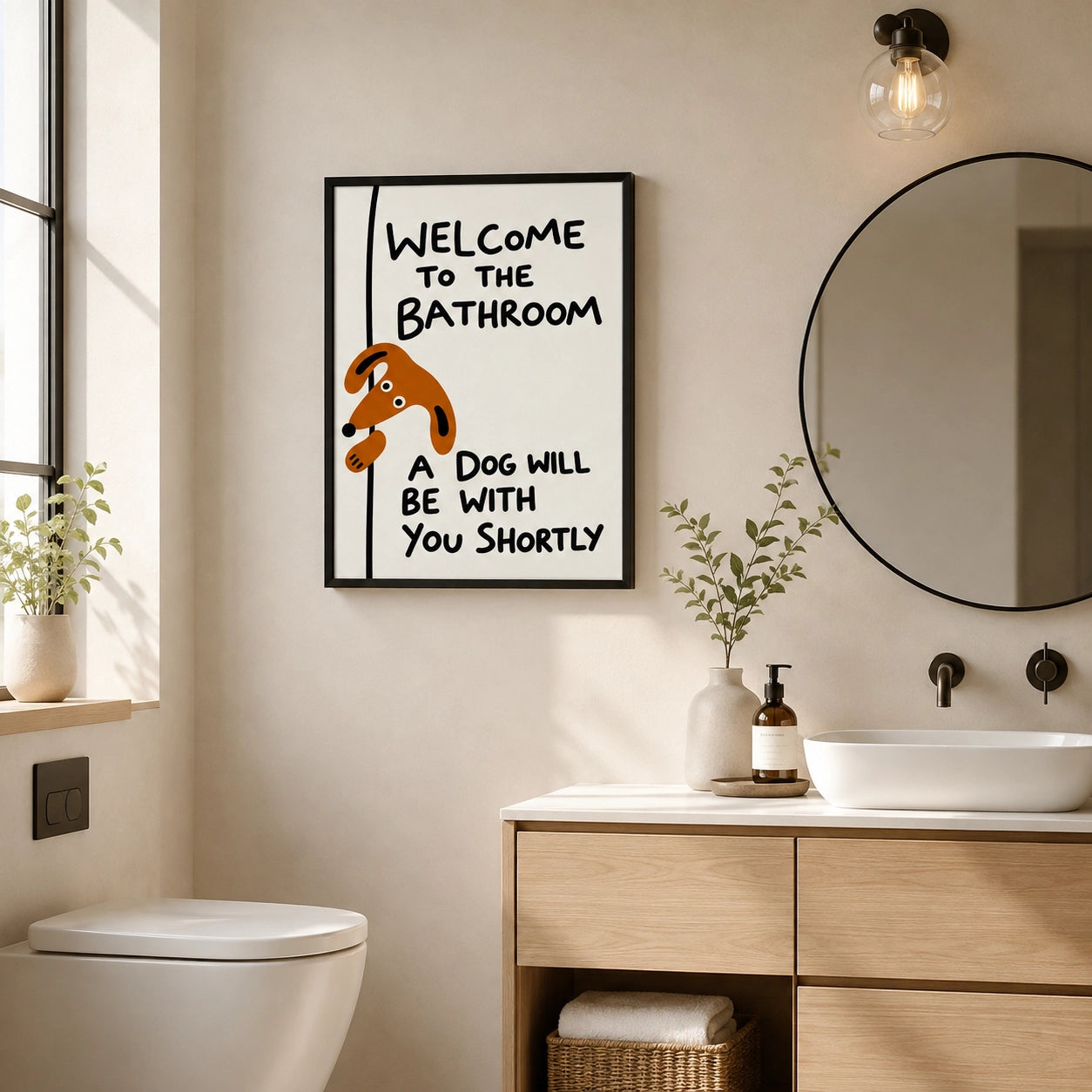 “Welcome to the Bathroom” Funny Dog – Humorous Bathroom Wall Art on Natural Wood Canvas