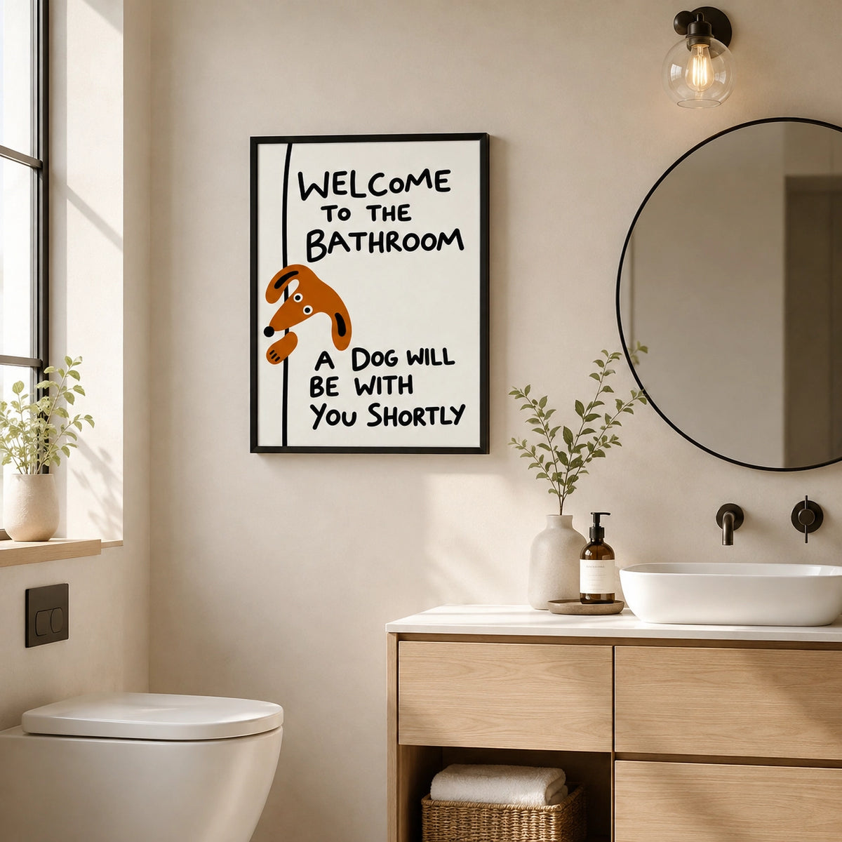 “Welcome to the Bathroom” Funny Dog – Humorous Bathroom Wall Art on Natural Wood Canvas