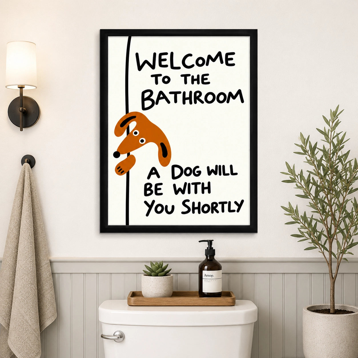 “Welcome to the Bathroom” Funny Dog – Humorous Bathroom Wall Art on Natural Wood Canvas