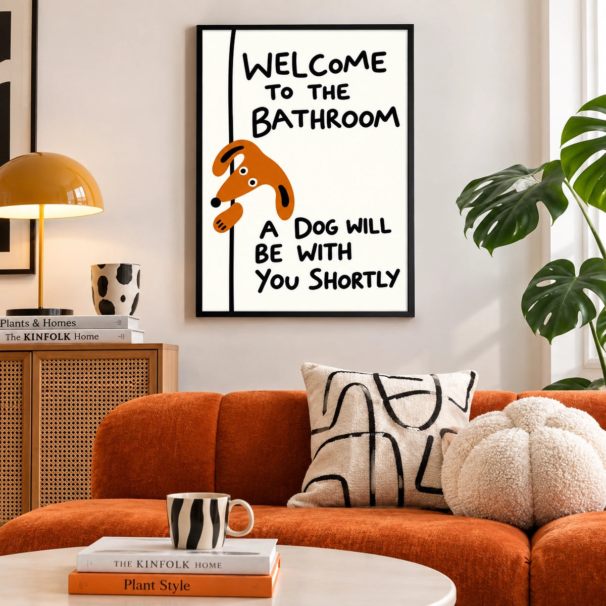 “Welcome to the Bathroom” Funny Dog – Humorous Bathroom Wall Art on Natural Wood Canvas