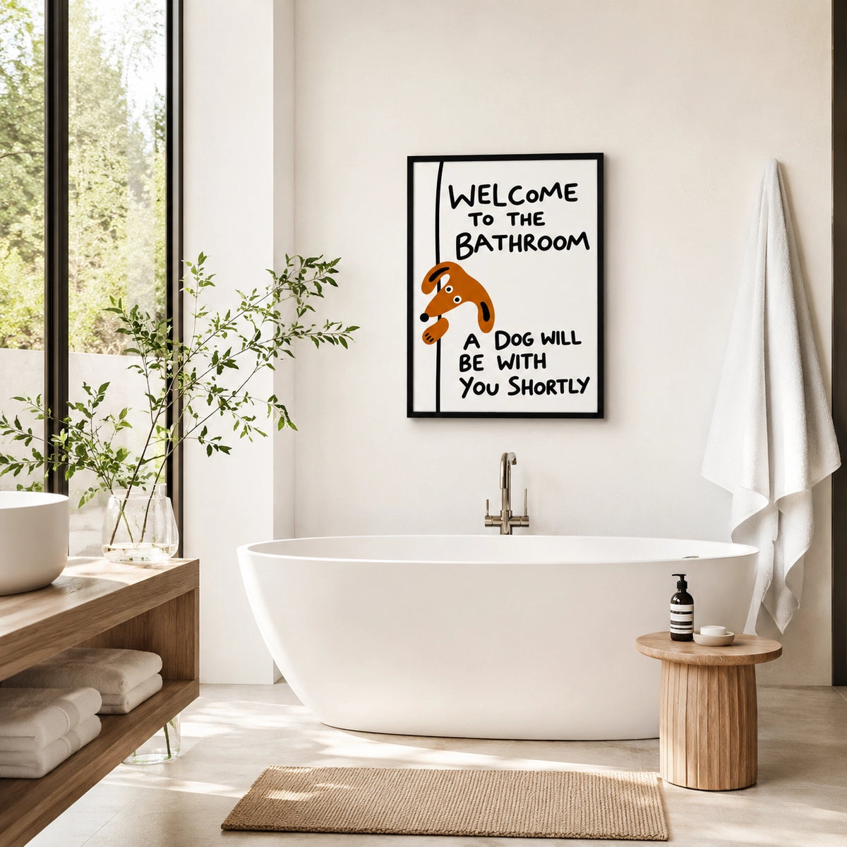 “Welcome to the Bathroom” Funny Dog – Humorous Bathroom Wall Art on Natural Wood Canvas