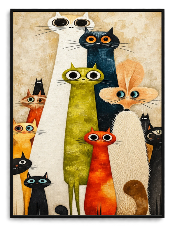 Whimsical Cat Crew Textured Oil Canvas Wall Art