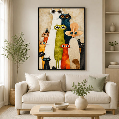 Whimsical Cat Crew Textured Oil Canvas Wall Art
