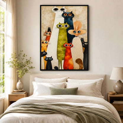 Whimsical Cat Crew Textured Oil Canvas Wall Art