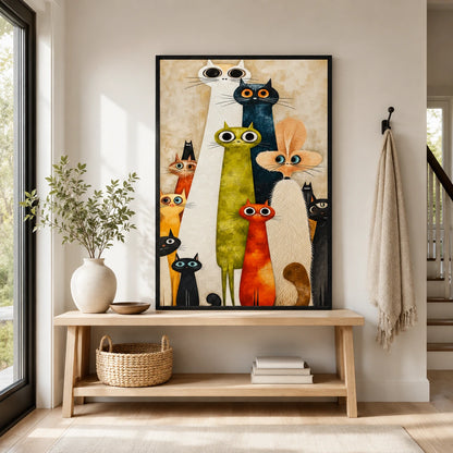 Whimsical Cat Crew Textured Oil Canvas Wall Art