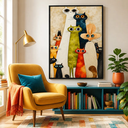 Whimsical Cat Crew Textured Oil Canvas Wall Art