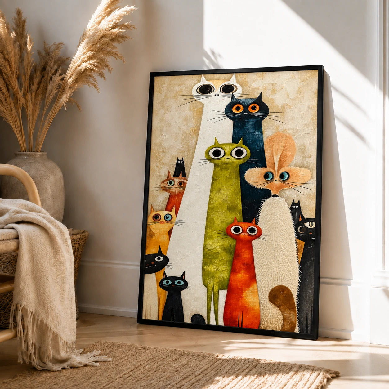 Whimsical Cat Crew Textured Oil Canvas Wall Art