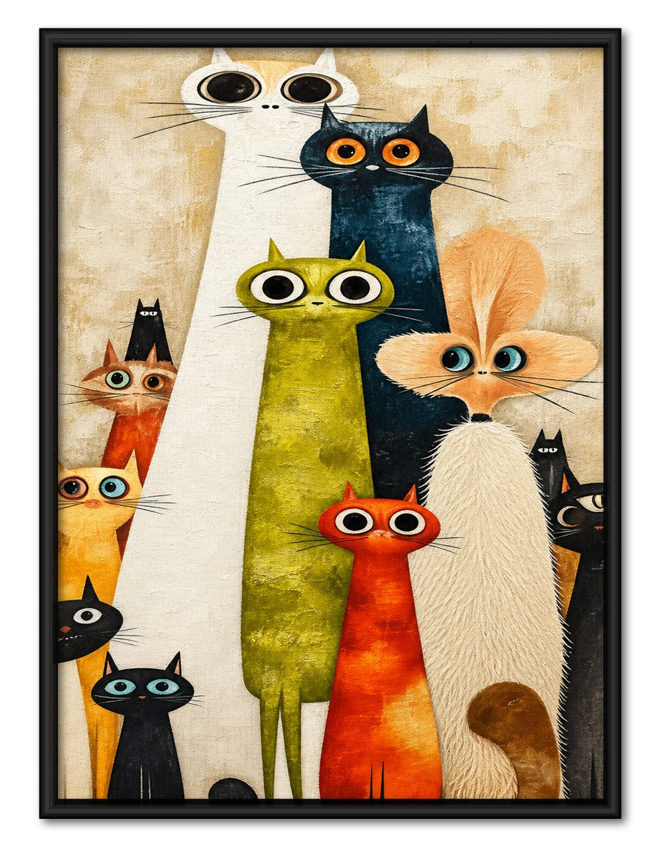 Whimsical Cat Crew Textured Oil Canvas Wall Art