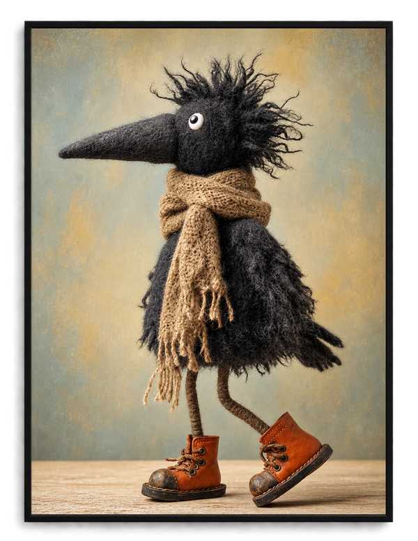 Whimsical Crow Scarf Boots Canvas Wall Art