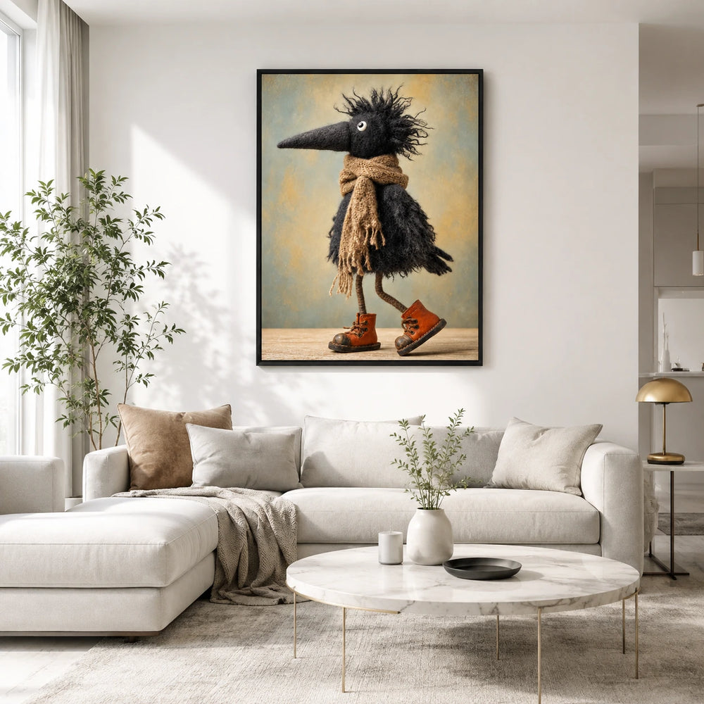 Whimsical Crow Scarf Boots Canvas Wall Art