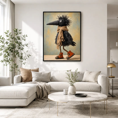 Whimsical Crow Scarf Boots Canvas Wall Art