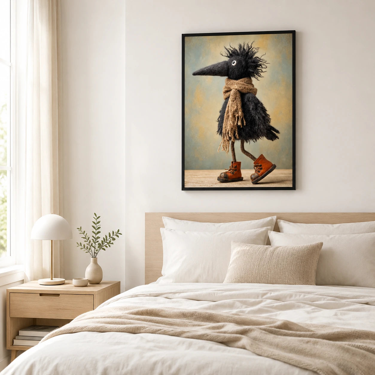 Whimsical Crow Scarf Boots Canvas Wall Art