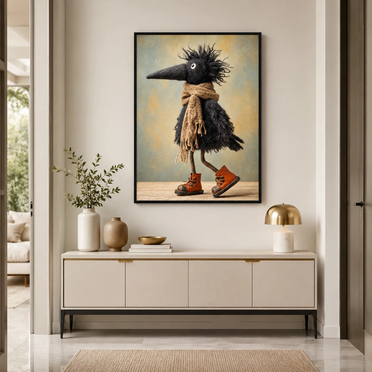 Whimsical Crow Scarf Boots Canvas Wall Art