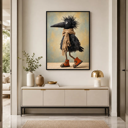 Whimsical Crow Scarf Boots Canvas Wall Art