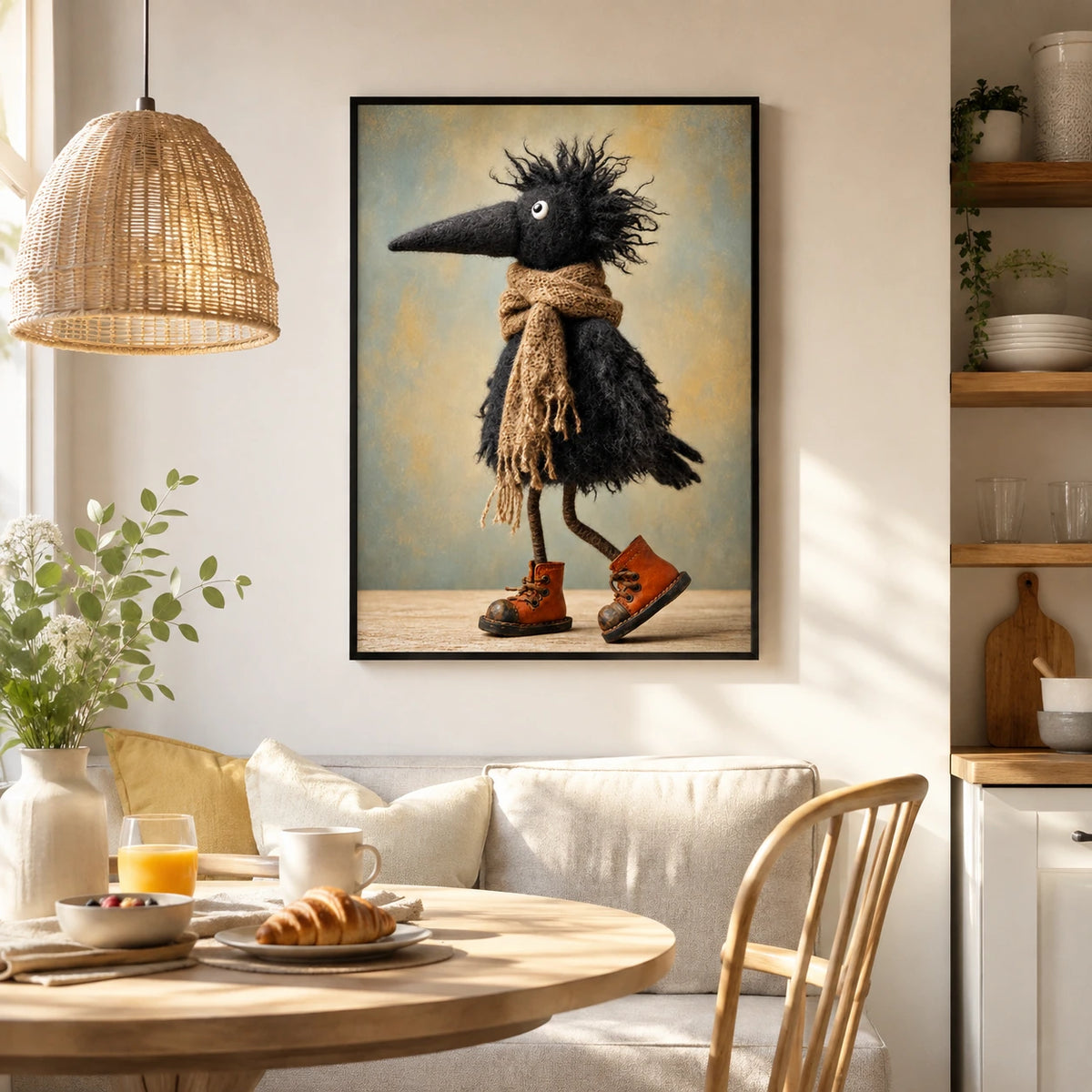 Whimsical Crow Scarf Boots Canvas Wall Art