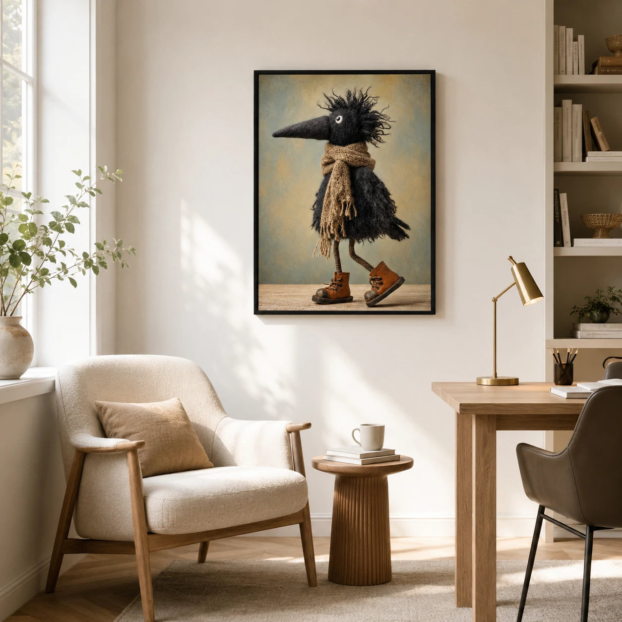 Whimsical Crow Scarf Boots Canvas Wall Art