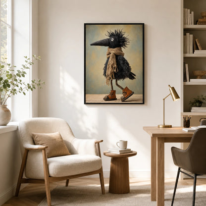 Whimsical Crow Scarf Boots Canvas Wall Art
