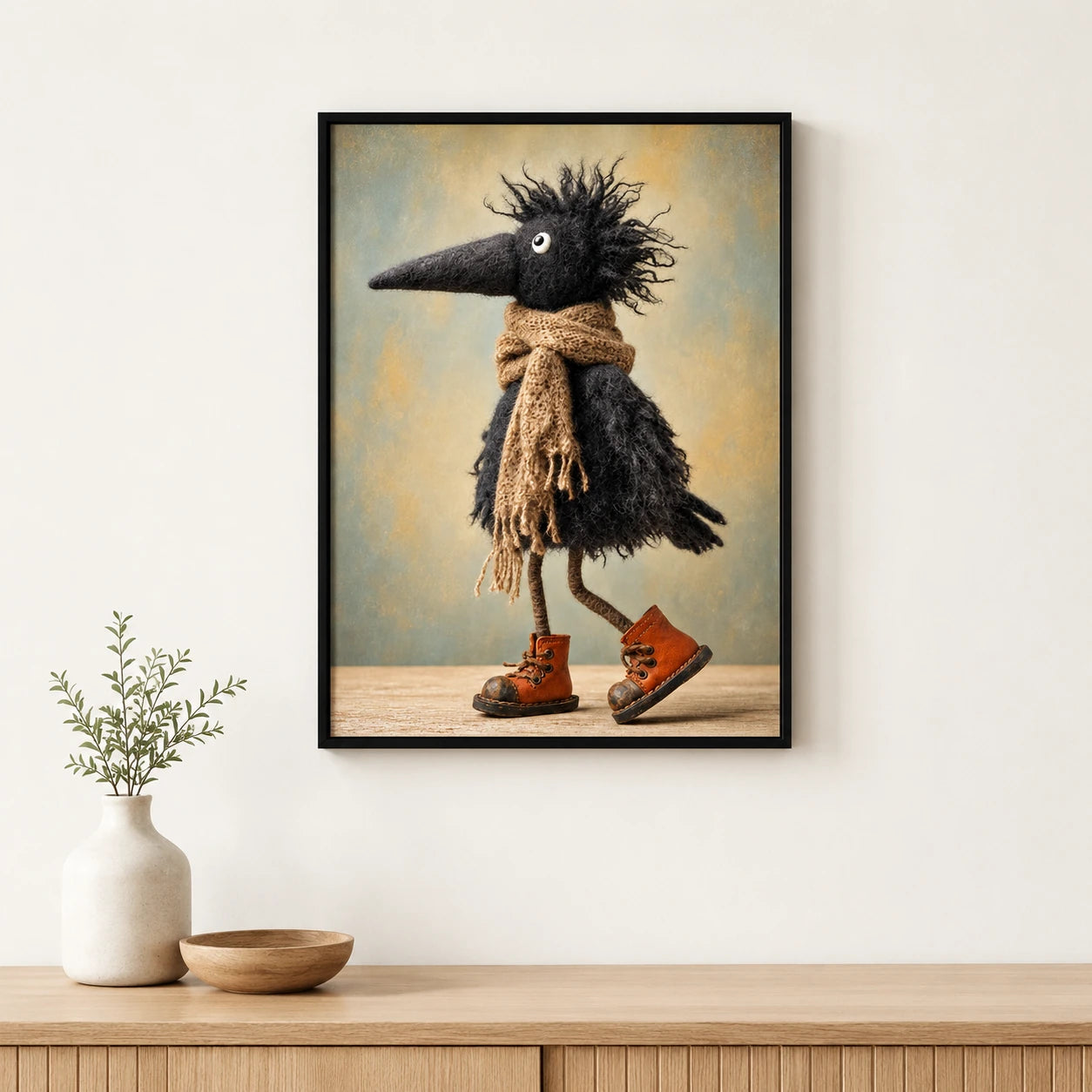 Whimsical Crow Scarf Boots Canvas Wall Art