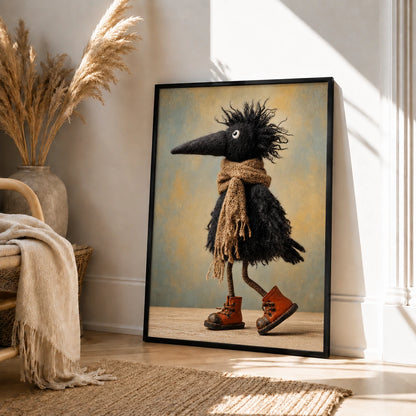 Whimsical Crow Scarf Boots Canvas Wall Art