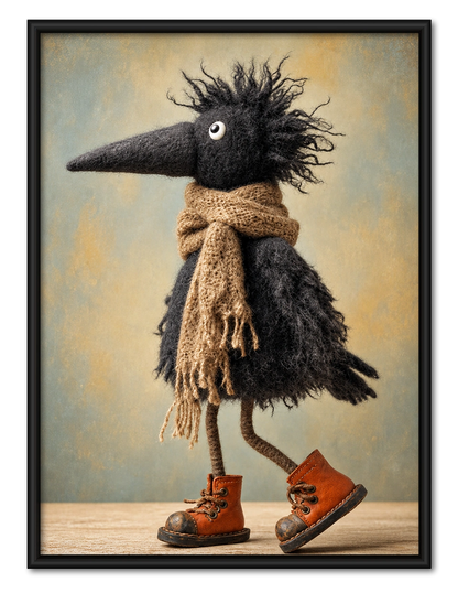 Whimsical Crow Scarf Boots Canvas Wall Art