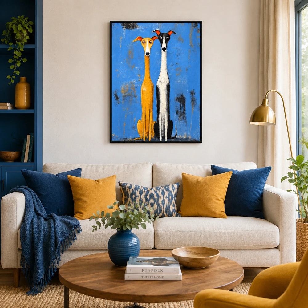 Whimsical Greyhound Duo Folk Art Canvas Print