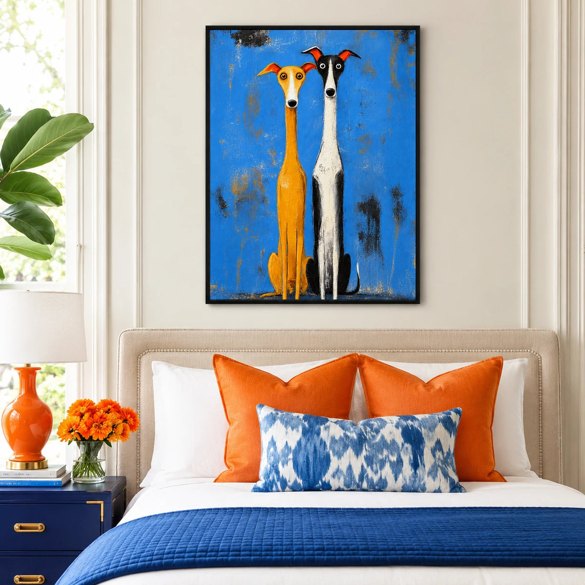 Whimsical Greyhound Duo Folk Art Canvas Print
