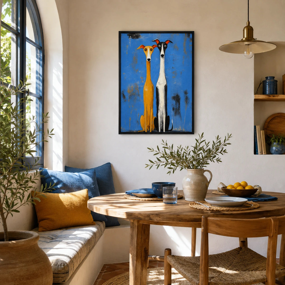 Whimsical Greyhound Duo Folk Art Canvas Print