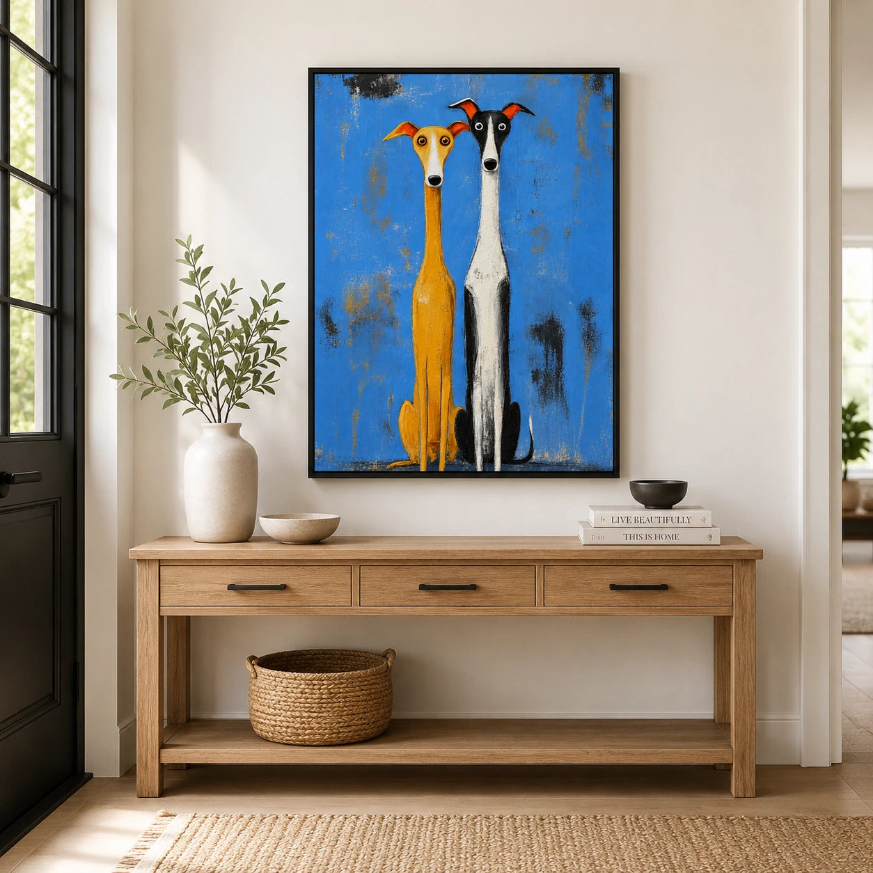 Whimsical Greyhound Duo Folk Art Canvas Print