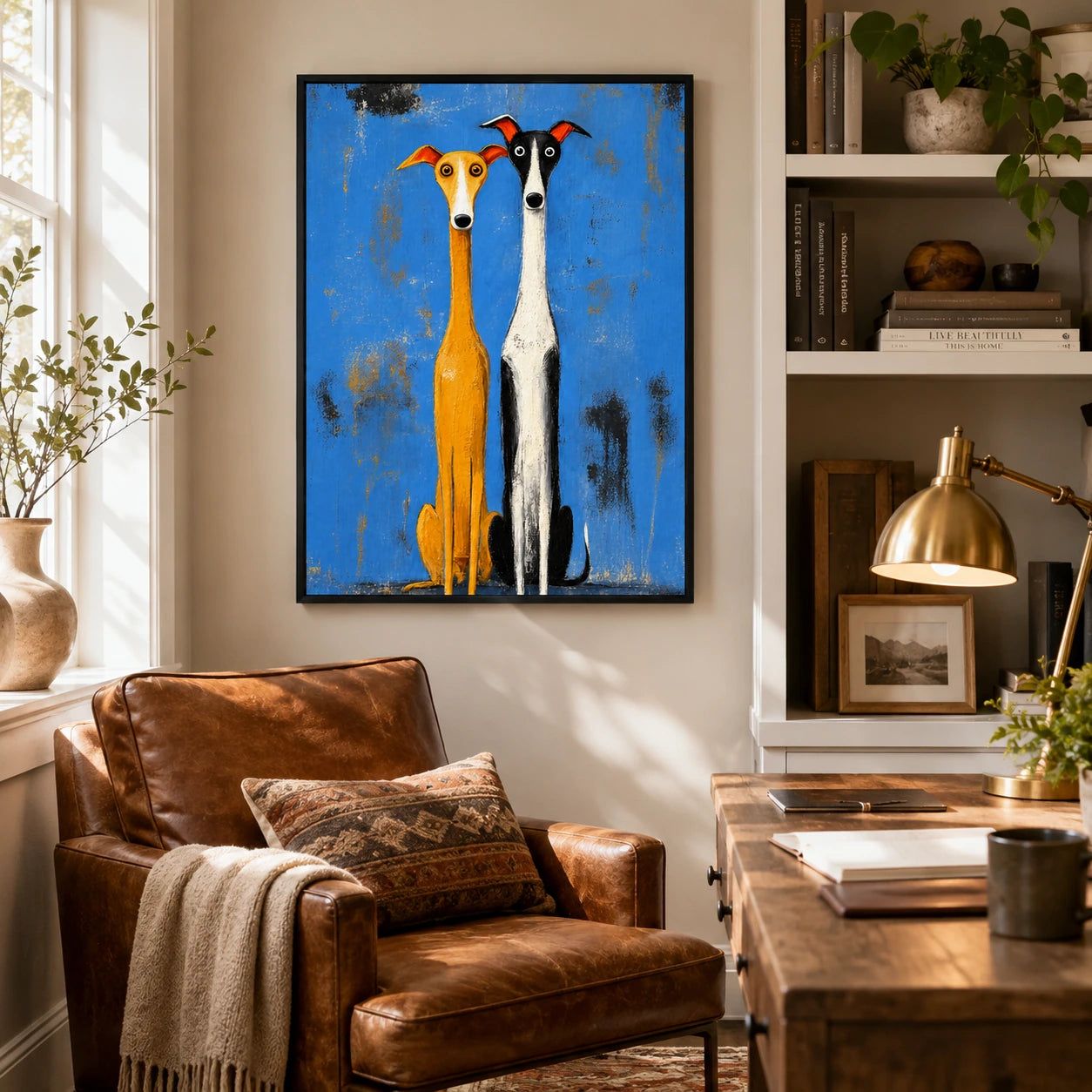 Whimsical Greyhound Duo Folk Art Canvas Print