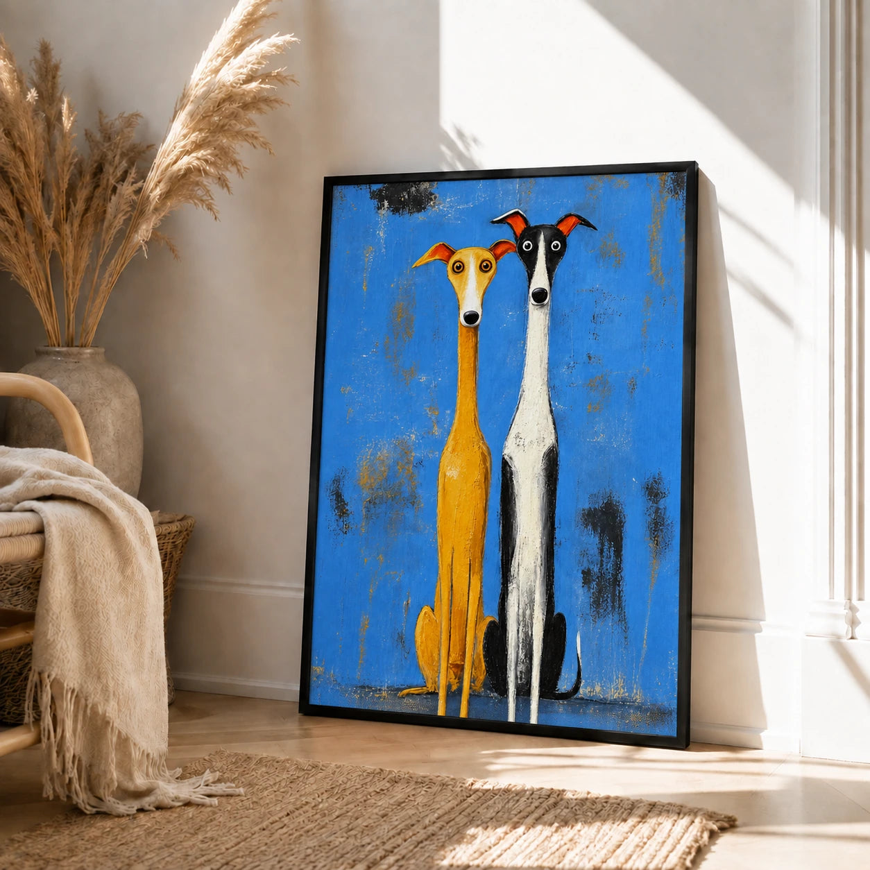 Whimsical Greyhound Duo Folk Art Canvas Print