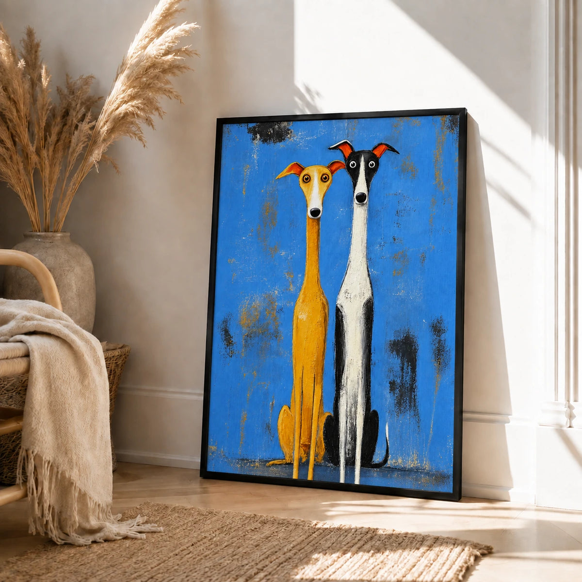 Whimsical Greyhound Duo Folk Art Canvas Print