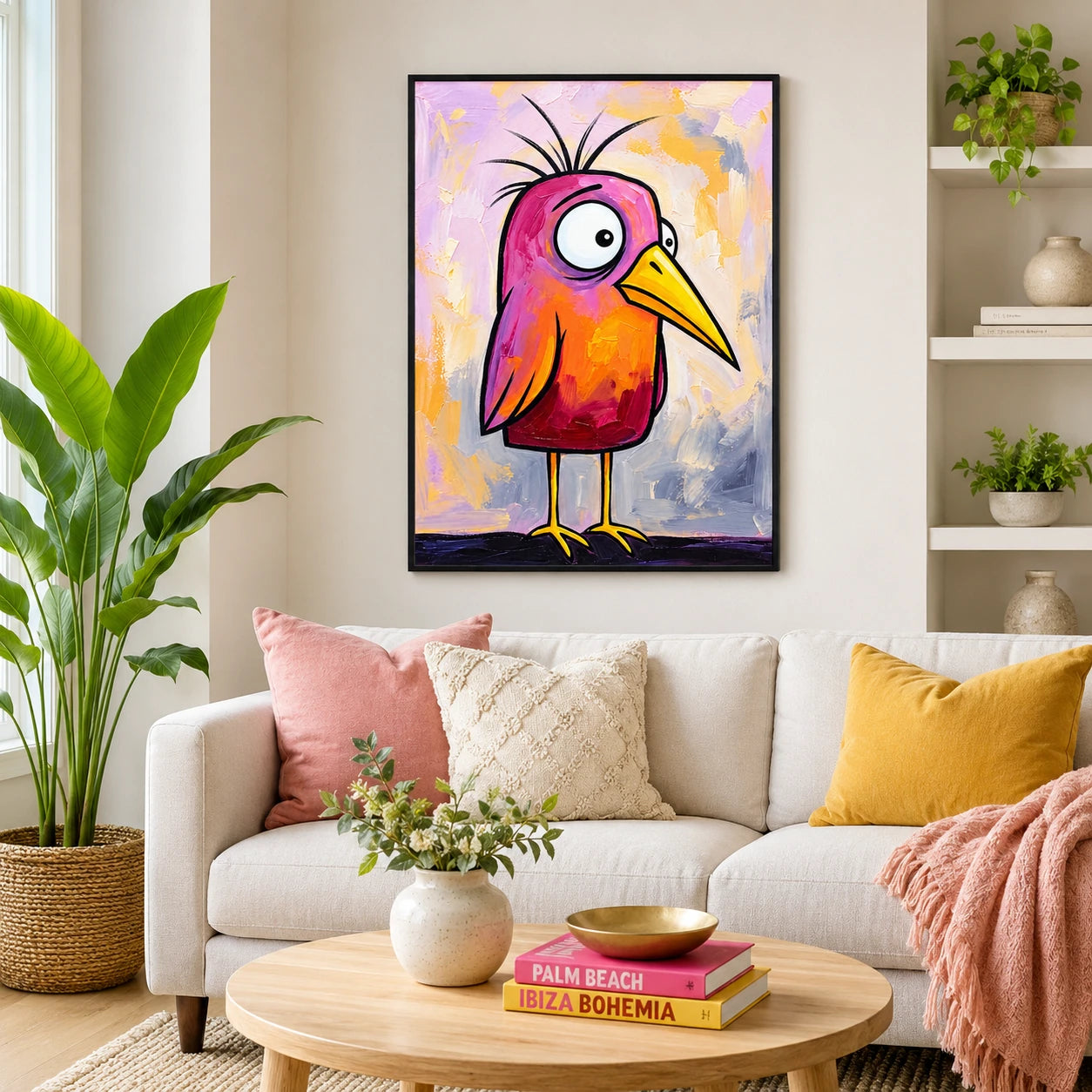 Whimsical Pink-Orange Bird Wall Art