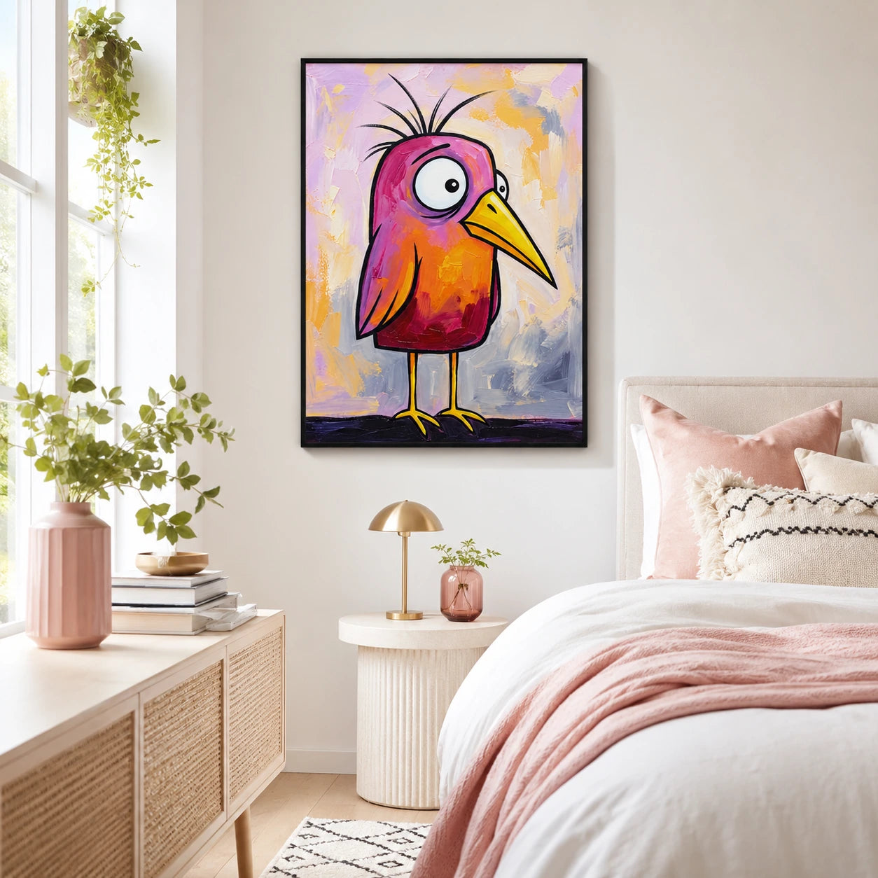 Whimsical Pink-Orange Bird Wall Art