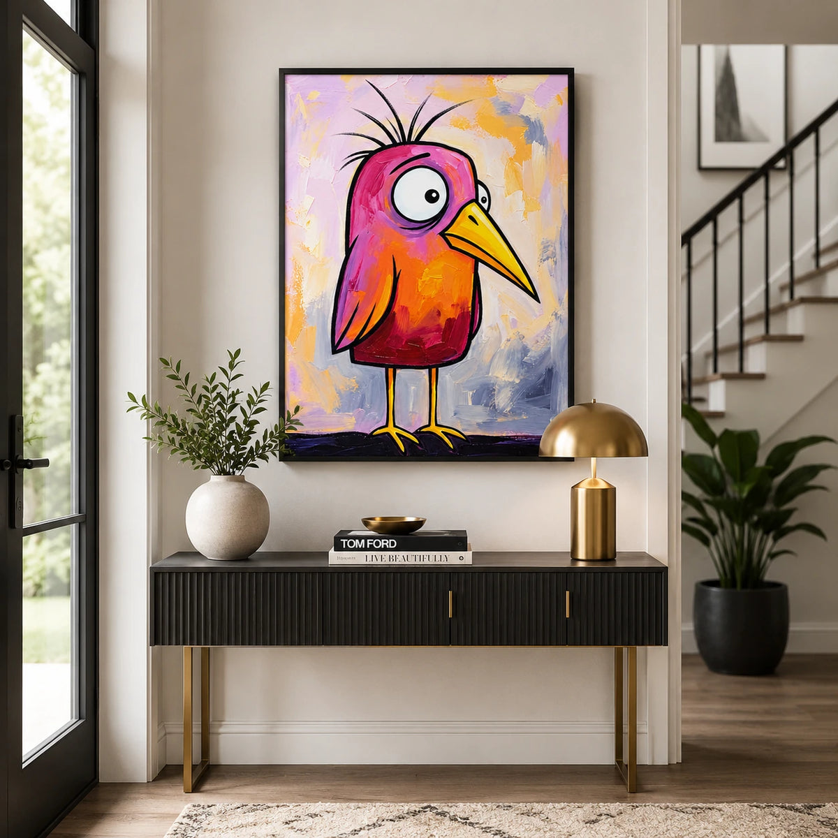 Whimsical Pink-Orange Bird Wall Art