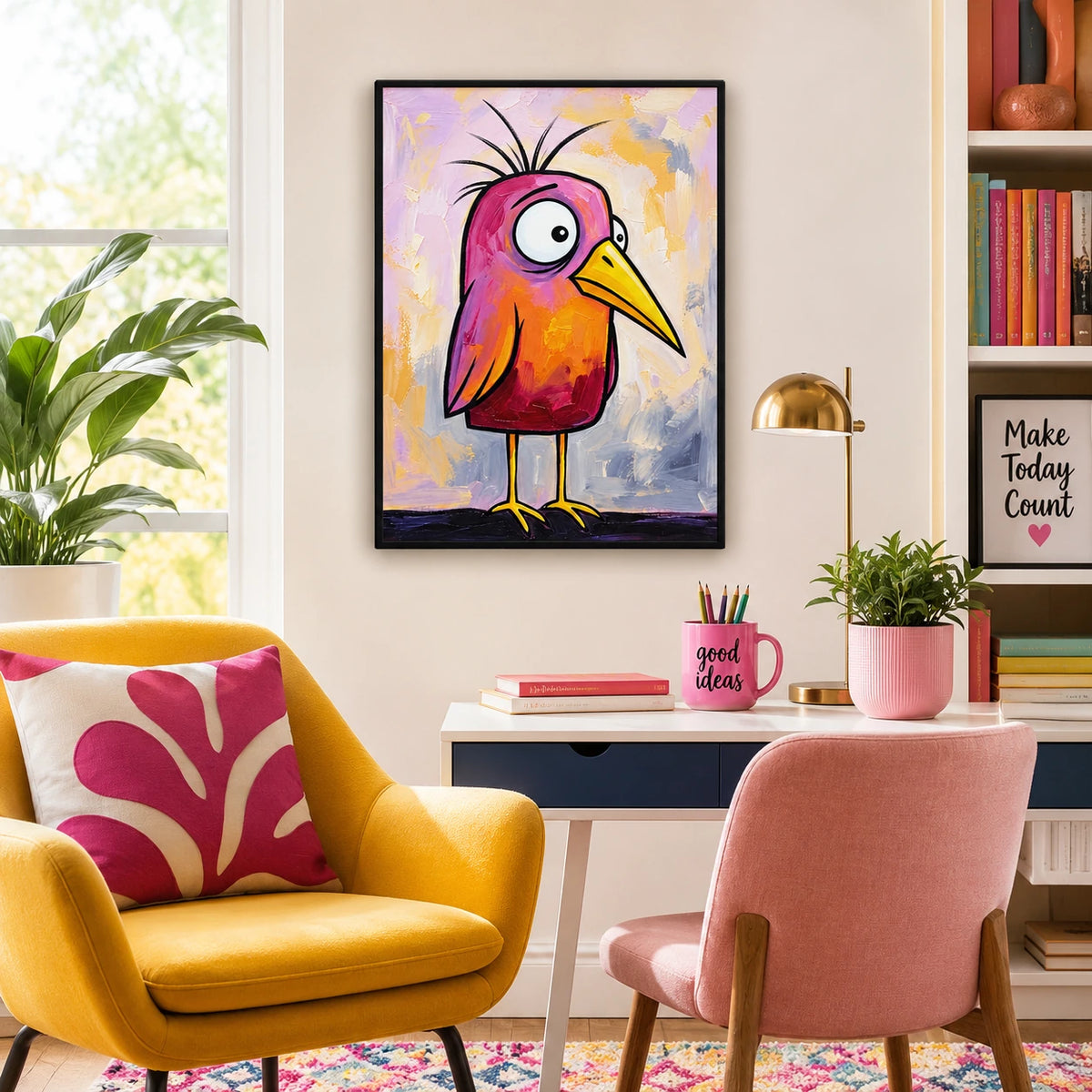 Whimsical Pink-Orange Bird Wall Art