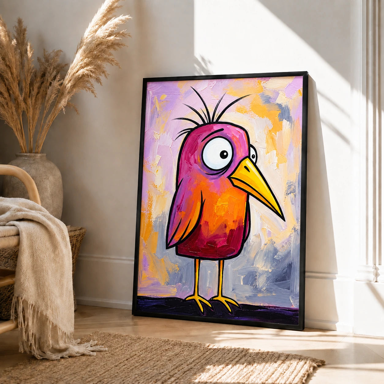 Whimsical Pink-Orange Bird Wall Art