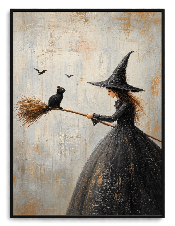 Witch Black Cat Broom Gothic Canvas Art