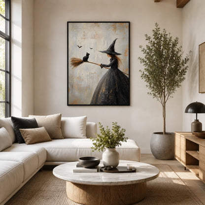 Witch Black Cat Broom Gothic Canvas Art