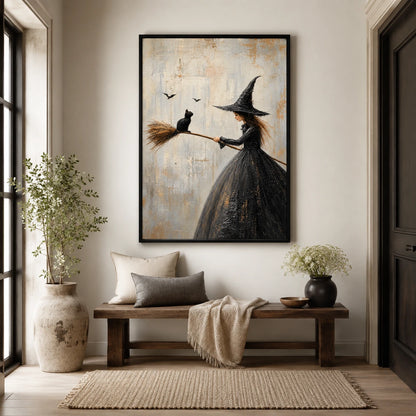 Witch Black Cat Broom Gothic Canvas Art