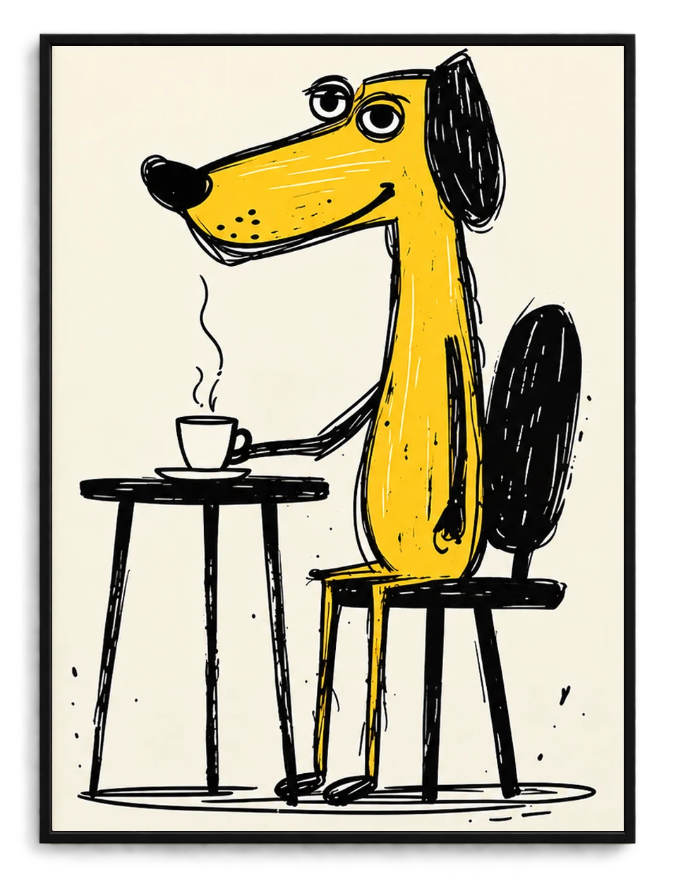 Yellow Dog Drinking Coffee Wall Art - Funny Cartoon Illustrated Canvas Print